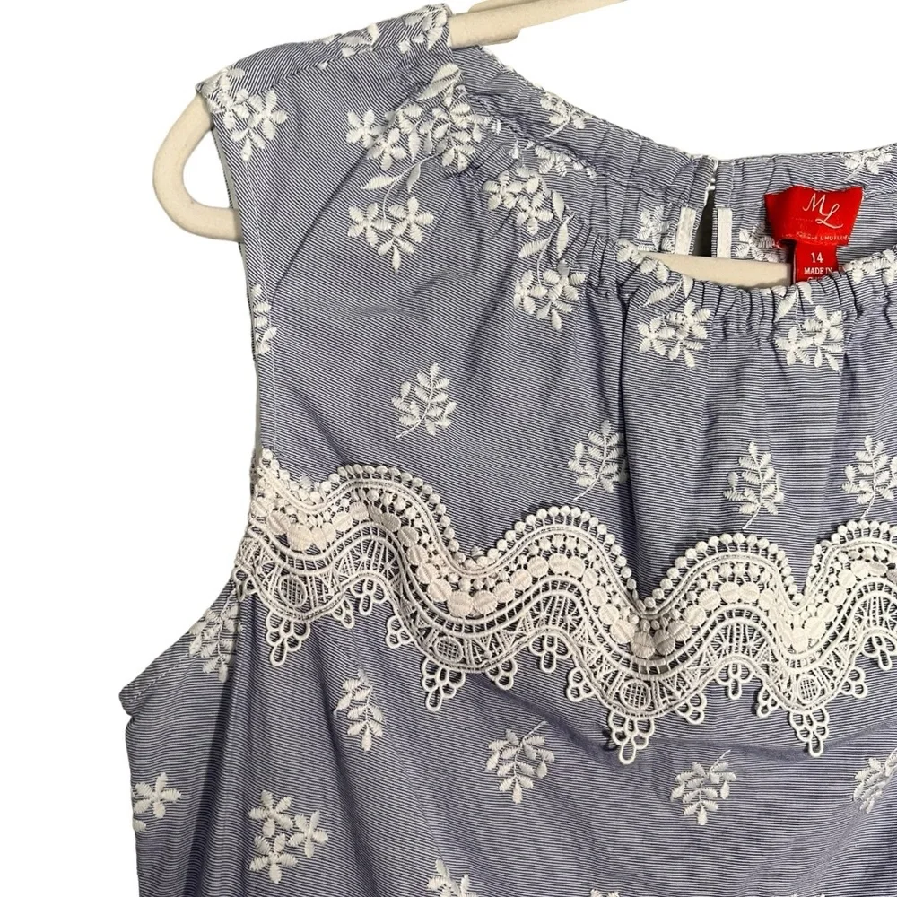 Monique Lhuillier Blue Sleeveless Embroidered Lace Poplin Midi Dress Size 14 - Picture 16 of 16